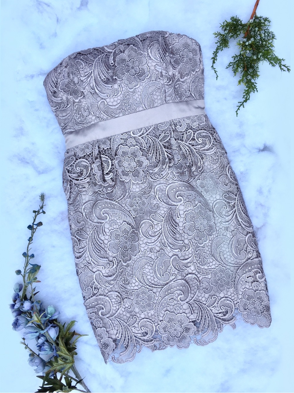Adrianna Papell ❉ Guipure Lace Strapless Cocktail Dress in Silver Grey Size 4